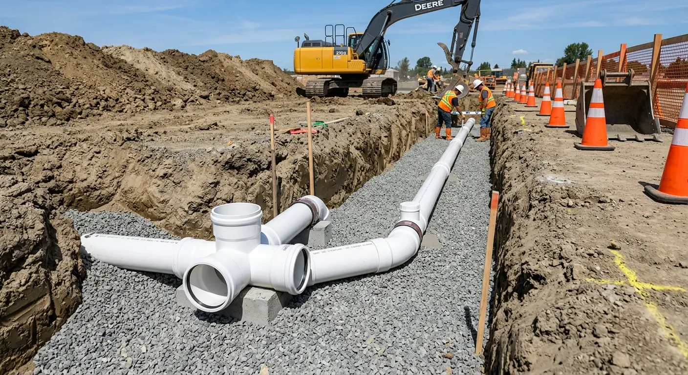 New PVC sewer pipe installation in open trench for Commercial Drain Cleaning in Bee Cave